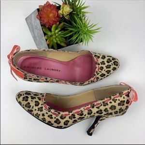 Chinese Laundry Leopard Print Bow Back Heels | 7.5. Fit more like an 8